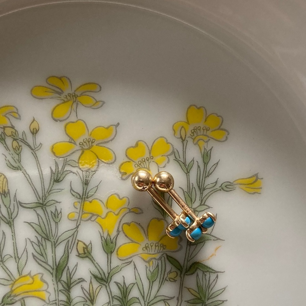 pair 14k turquoise trinity lotus triple bead threaded piercing stud earrings - Picture 3 of 5